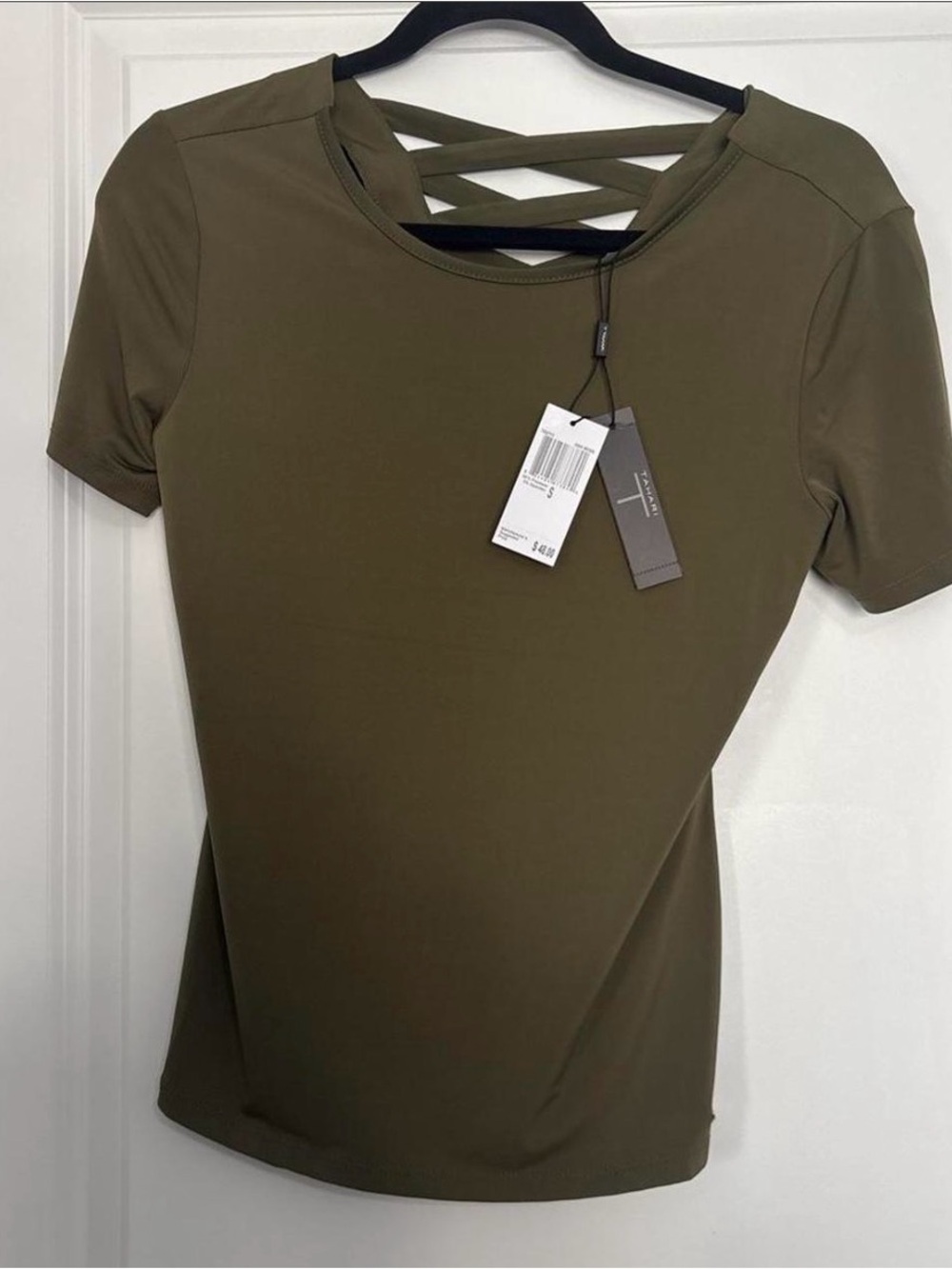 Tahari Olive Green Crisscross Back Short Sleeve Top
